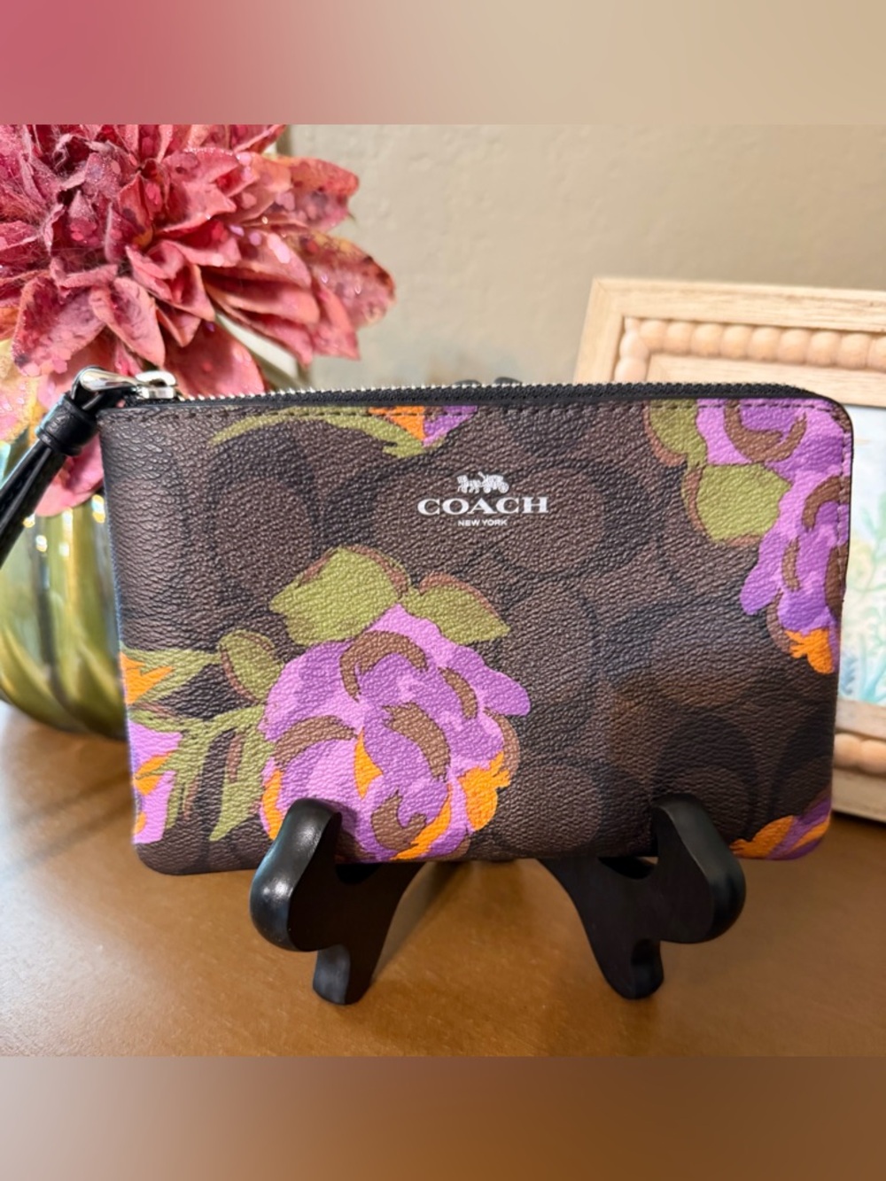 Coach Beautiful Brown Signature Wristlet with Purple & Green Floral Print